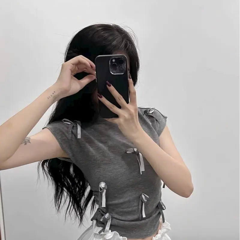 Áo thun nữ cổ cao tay hến đính nơ, bo chun hai bên eo - Women, Top 4