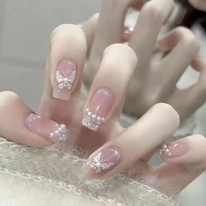 Mảnh đeo làm móng, hình bướm ngọc trai, móng tay giả trắng, đầu móng tay, mảnh hình móng tay, có thể tháo rời, sản phẩm hoàn thiện, bán chạy, 30 miếng 5