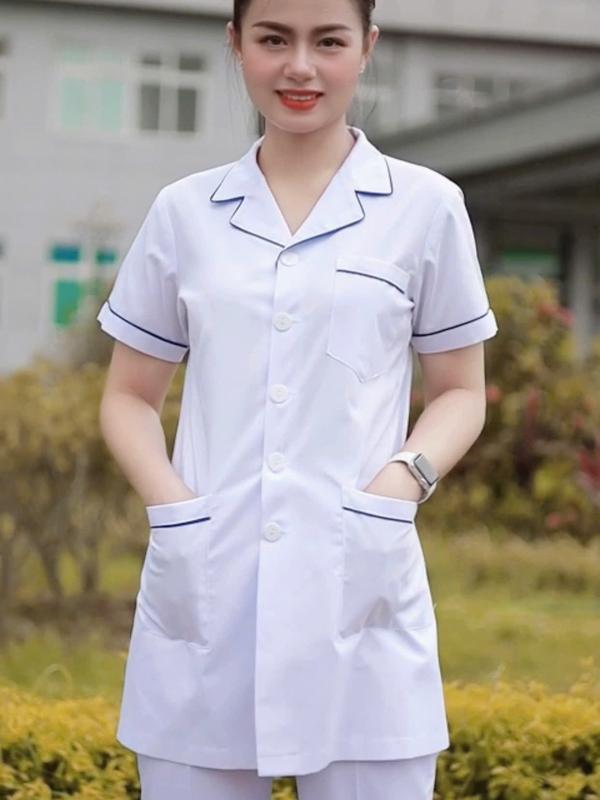 Áo blouse điều dưỡng, nữ hộ sinh ngắn tay có viền xanh chất liệu thô oxford