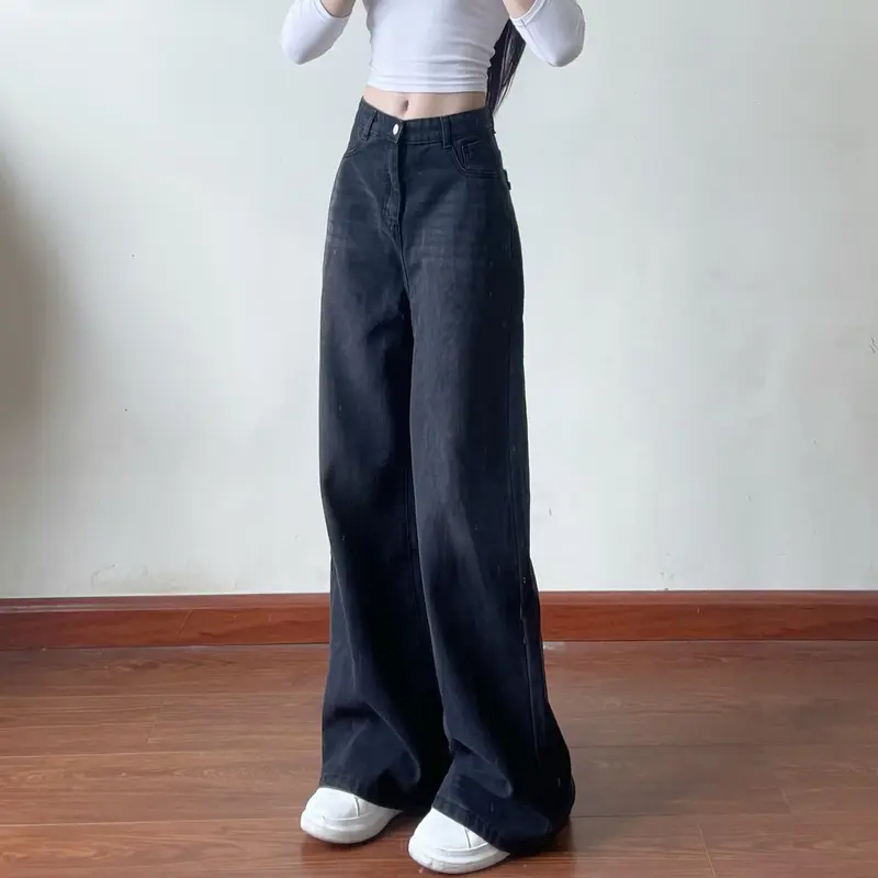 Quần jean ống rộng loe màu retro màu mài đen/trắng Women - Denim Pants 7613/6222 4
