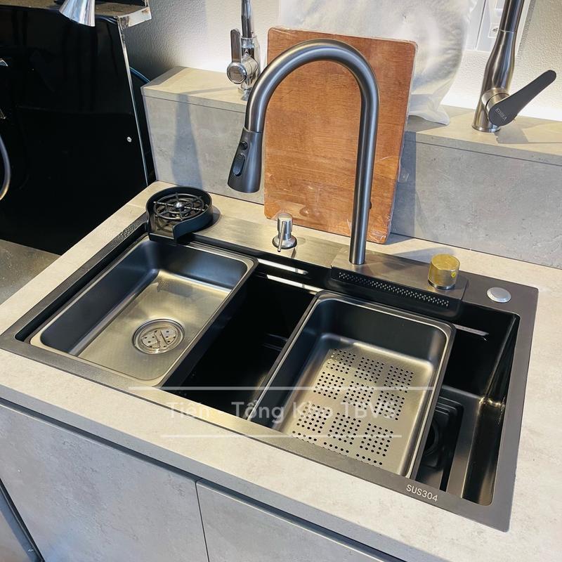 Chậu rửa bát 1 hố inox 304 cỡ lớn, bồn rửa chén bát 1 hộc, vòi rút thác nước xả ngang đa năng, giá rẻ
