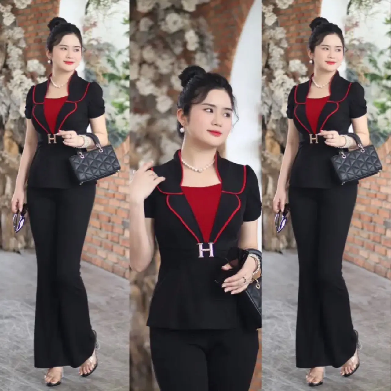 SÉT BỘ THUN XỐP CHỮ H -QUẦN DÀI ỐNG LOE.MÃ K10H Nữ Áo Top Women Màu Đen