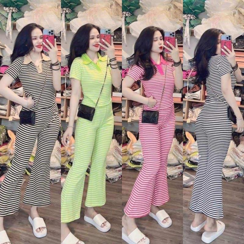 Sét Bộ Thun Gân Sọc Ngang Áo Có Cổ Phối Quần Dài Ống Loe Có Túi Cao Cấp