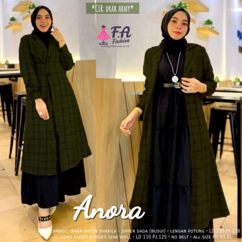 SETELAN ANORA GAMIS WANITA REMAJA DEWASA GAYA TERBARU DRESS DAN OUTER ANORA BAHAN INNER RAYON SYAKILA ZIPPER DADA LONG OUTER BUGATI SEMI WOLL FIT TO XL 4