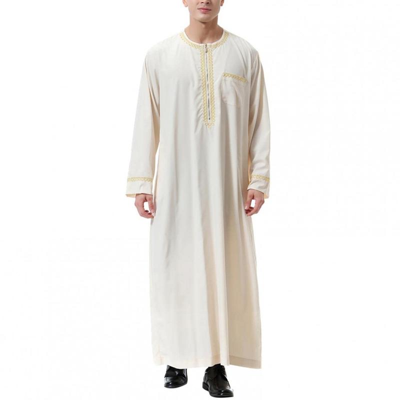 Product Introduction of Men'S Muslim Shirt Kaftan Islamic Royalty Dubai Robe O-Neck Long Sleeve Retro Tunics Abaya Arabic Traditional Costume Men'S Robe 4