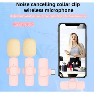 K9 Pink and White Wireless Lavalier Microphone with Pom-Pom Type-C/iOS Plug and Play Wireless Noise-Cancelling Microphone Android Audio Bluetooth Charging Device Receiver Stereo