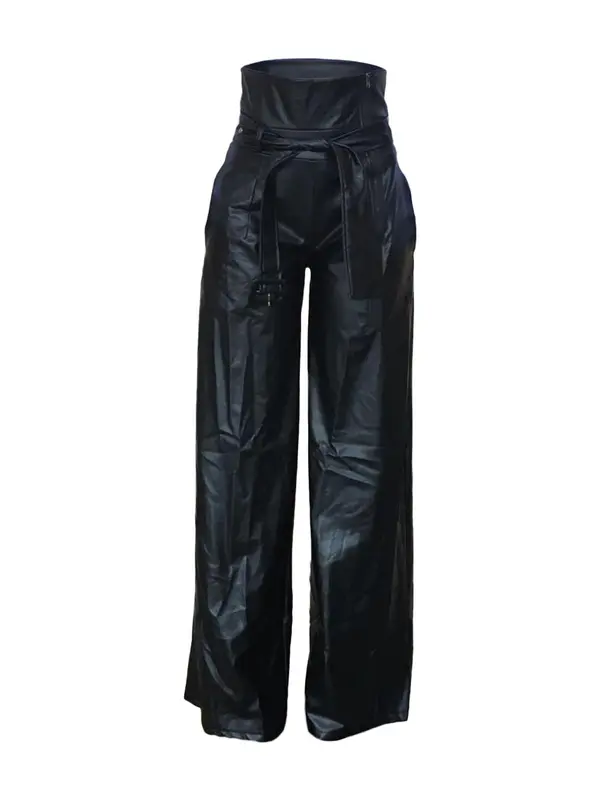 Women's Solid Belted Pocket PU Leather Pants, Street Fashion Zipper Fly High Waist Trousers for Daily Wear, Ladies Bottoms for Fall & Winter 2