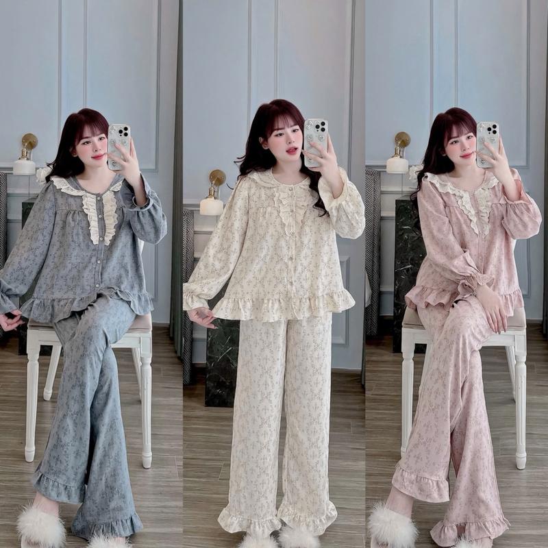 Bộ đồ ngủ Ren trước hoạ tiết hoa dây chất Vân mây dễ thương cho Nữ DD55 Sammy - Quần Ngủ Women Áo