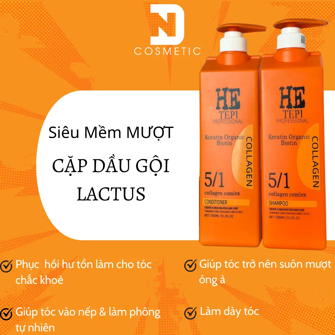 Dầu Gội Dầu Xả Cặp Phục Hồi Tóc HE TIPI Cam 1000ML, Dầu gội suôn mượt, mềm mại hiệu quả