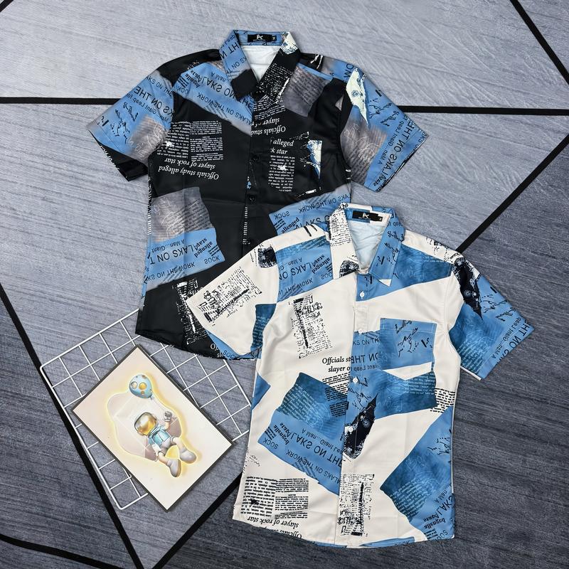Áo sơ mi tay ngắn TSS STN12 in 3D hình tờ báo hai màu đen kem chất lụa đường may chi tiết tỉ mỉ - Menswear, Có Cổ