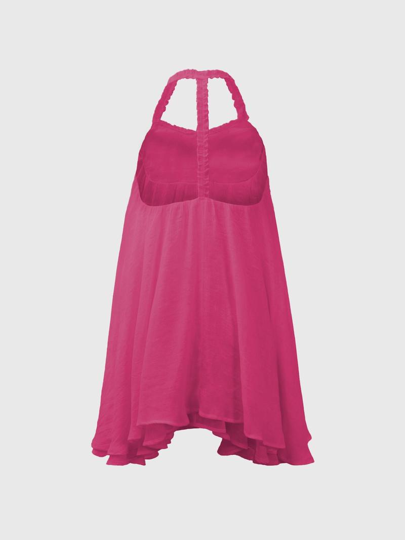 Product Introduction of Women's Solid Color Frill Trim Halter Neck Layered Dress, Loose Casual Comfy Backless Sleeveless Short Dress for Summer, Ladies Clothes for Daily Wear 6