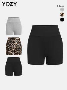 YOZY-GOOO Women's Plain/Leopard Print High Waist Short Leggings, Casual Comfy Breathable Skinny Shorts for Daily Wear, Ladies Bottoms for All Seasons