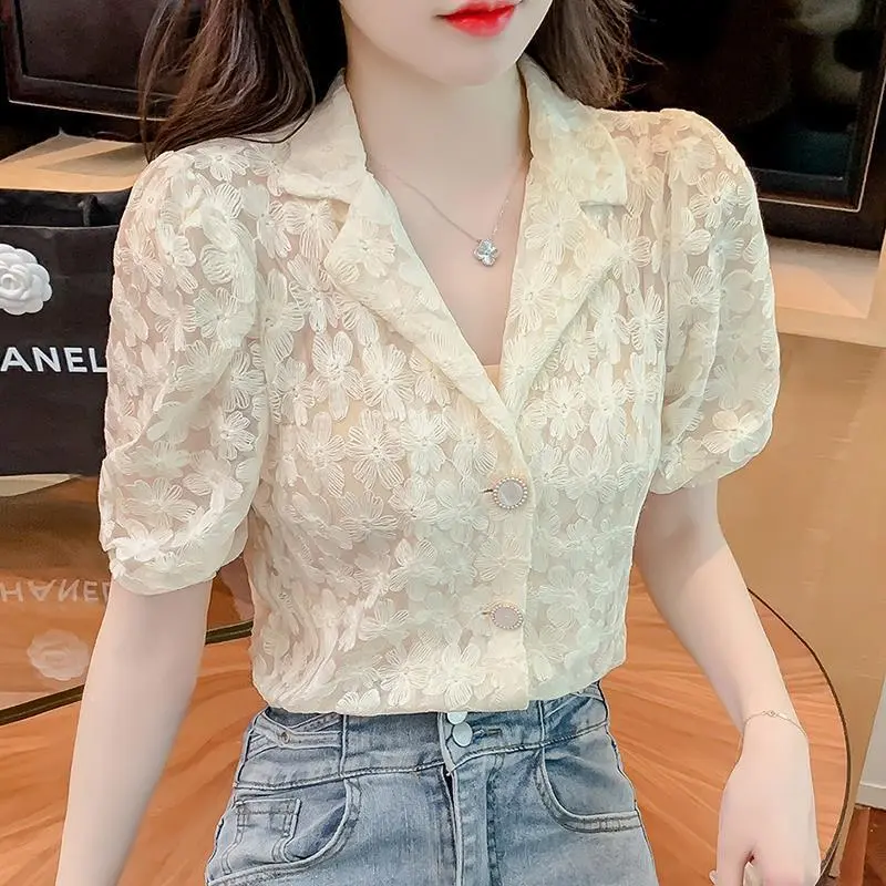 Áo Sơ Mi ngắn Tay Áo Ren Hàng Đầu, Dành Cho Phụ Nữ, Cao Cấp, Thời Trang Mùa Hè Mới, Phong Cách, Thời Trang Và Giảm Tuổi, Tay Phồng Top Women Shirt
