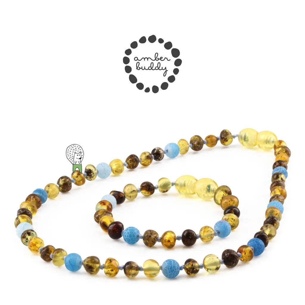 Amber Buddy | LE455 Kalung & Gelang Bayi Baltic Amber kombinasi Blue Frost Agate. 32cm & 14cm
