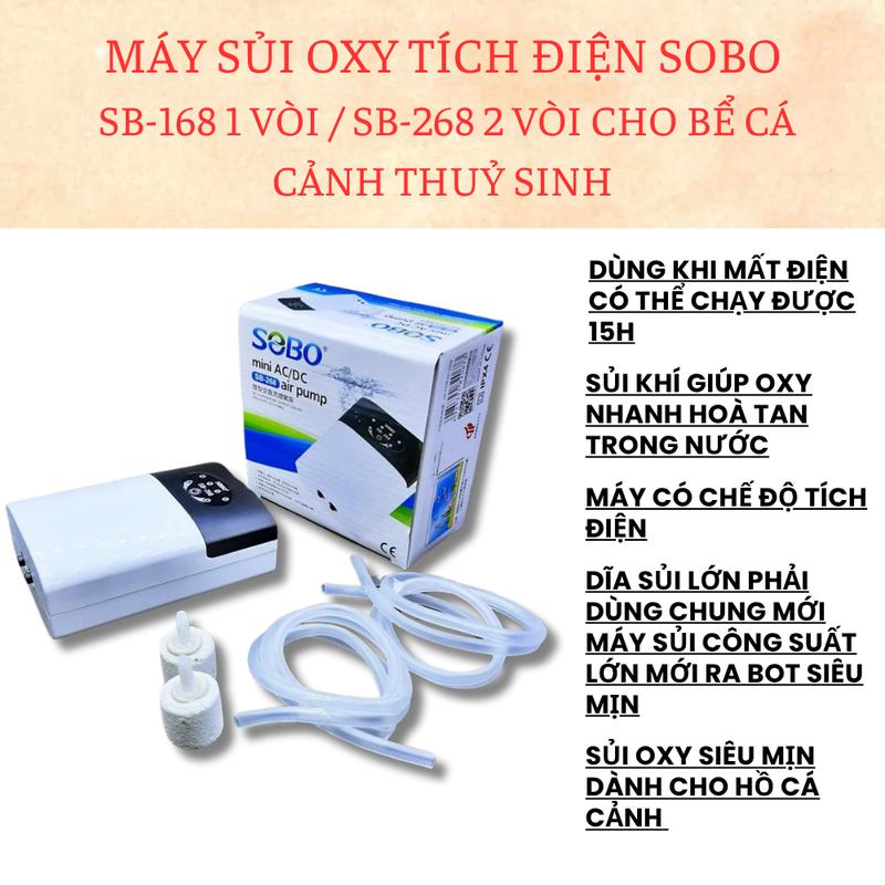 Máy Sủi Oxy Tích Điện 2 Vòi Sobo SB-268 (2W - 2x3Lít/Phút) 1 vòi SB -168 - Phòng Cúp Điện Cho Hồ Cá