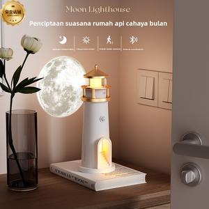 Atmosphere Night Light，Lampu Malam, Reka Bentuk Rumah Api, dengan Unjuran Cahaya Bulan, Lampu Hiasan Pembesar Suara Bluetooth, Alat Kawalan Jauh, Penderia Badan Manusia, Cahaya Suasana, Lampu Meja Kecil Home Lighting