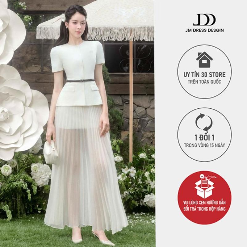 Set áo peplum cổ tròn 2T29.2506K, chân váy sheer dập ly dài 4L05.2506OG, set đồ nữ xinh sang chảnh JM Dress Design