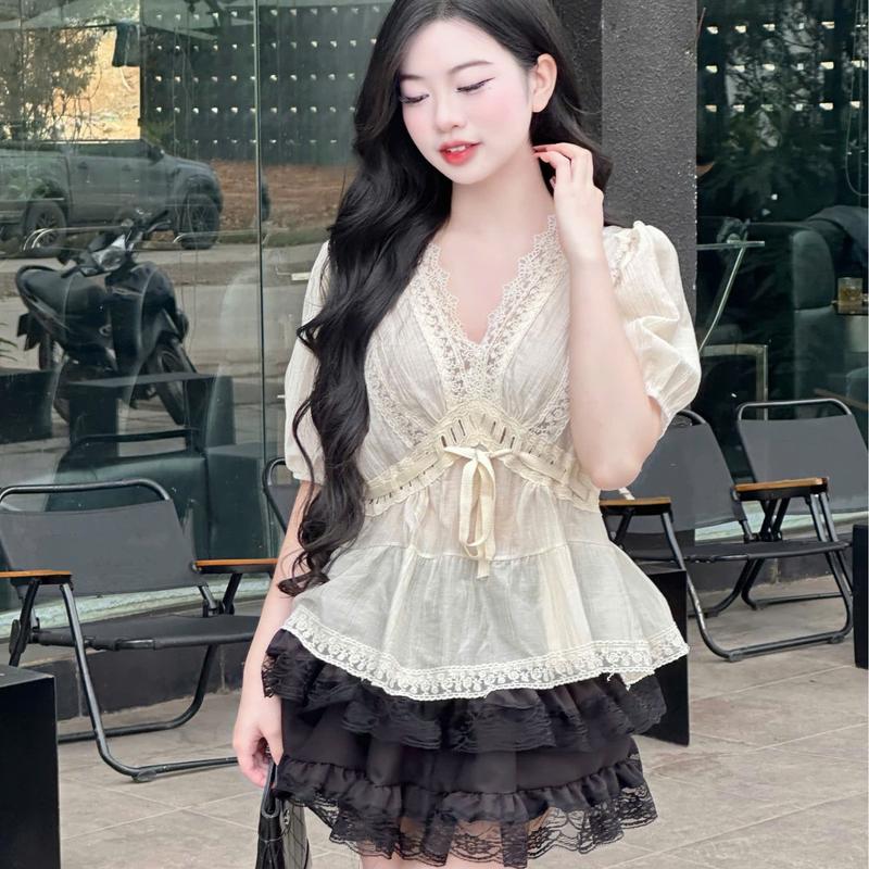 Sét bộ áo Thiểu thư cộc tay cổ V Mix Dây Đan Thắt Eo Kemc Chân Váy Tầng Xoè Trẻ TRung 7