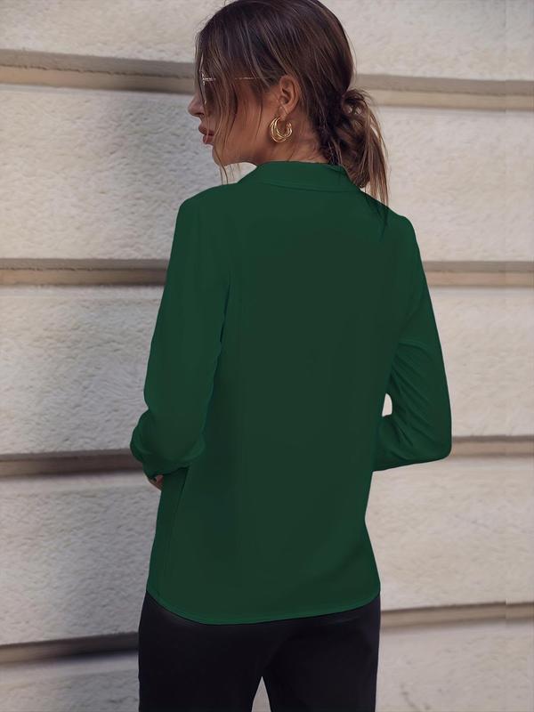 Women's Faux Pearl & Buckle Decor Long Sleeve Collar V Neck Blouse, Elegant Solid Blouses for Work Office Business, Spring & Fall Clothes 7