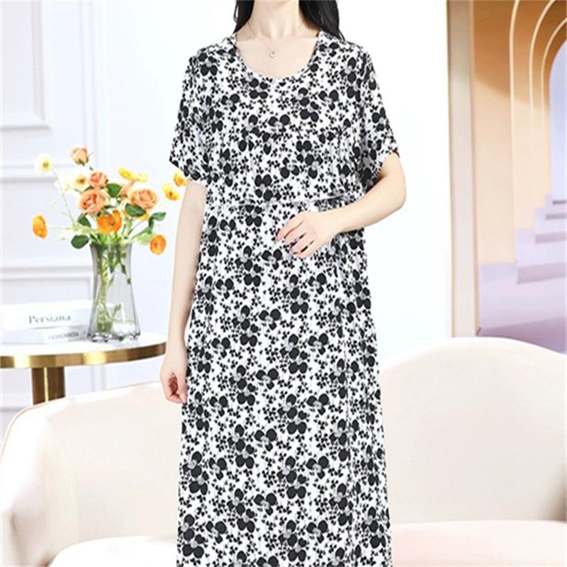 Product Introduction of Strictly Selected Printed Artificial Cotton Nightdress Women's Summer High-Grade Ice Silk Skirt Thin Short Sleeve Pajamas plus Size A- line Dress 10