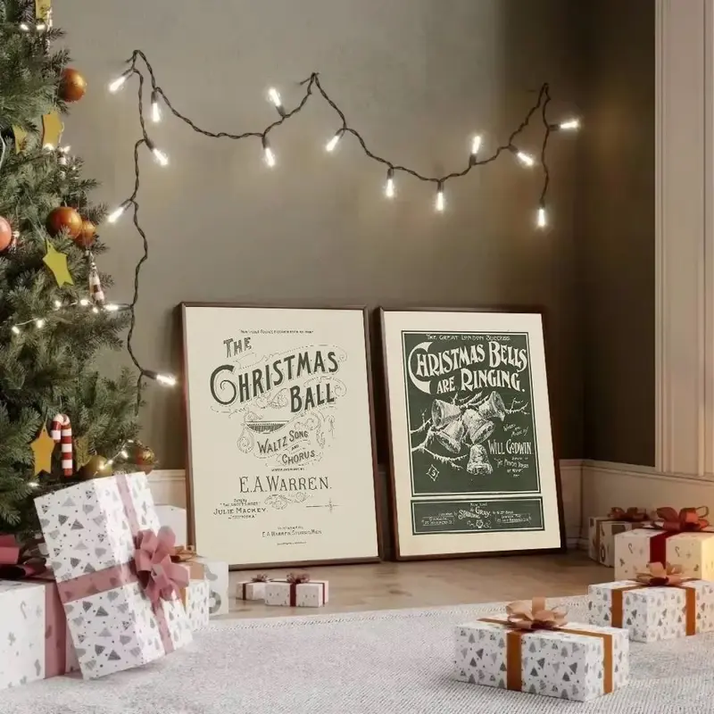 Vintage Christmas Bell Pattern Canvas Printing Painting without Frame, 2 Counts/set Wall Art Painting, Wall Art Decor for Home Living Room Bedroom Office 2