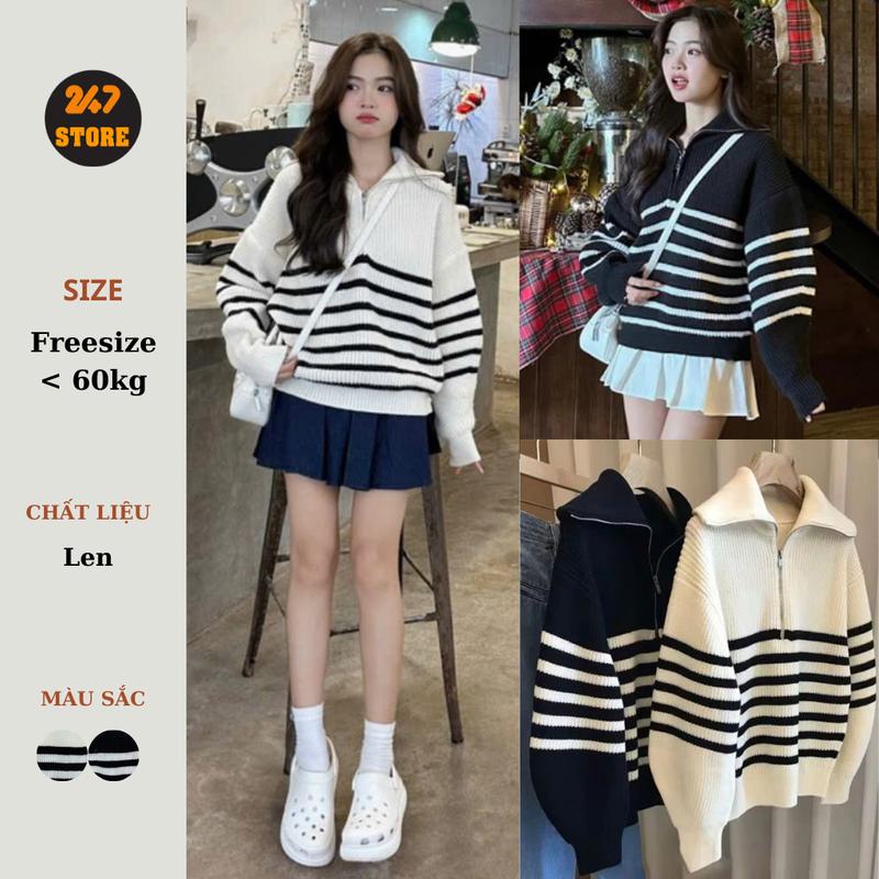 HÀNG QC Áo len kẻ khoá kéo chui đầu cổ cao Họa Tiết Kẻ Sọc 115