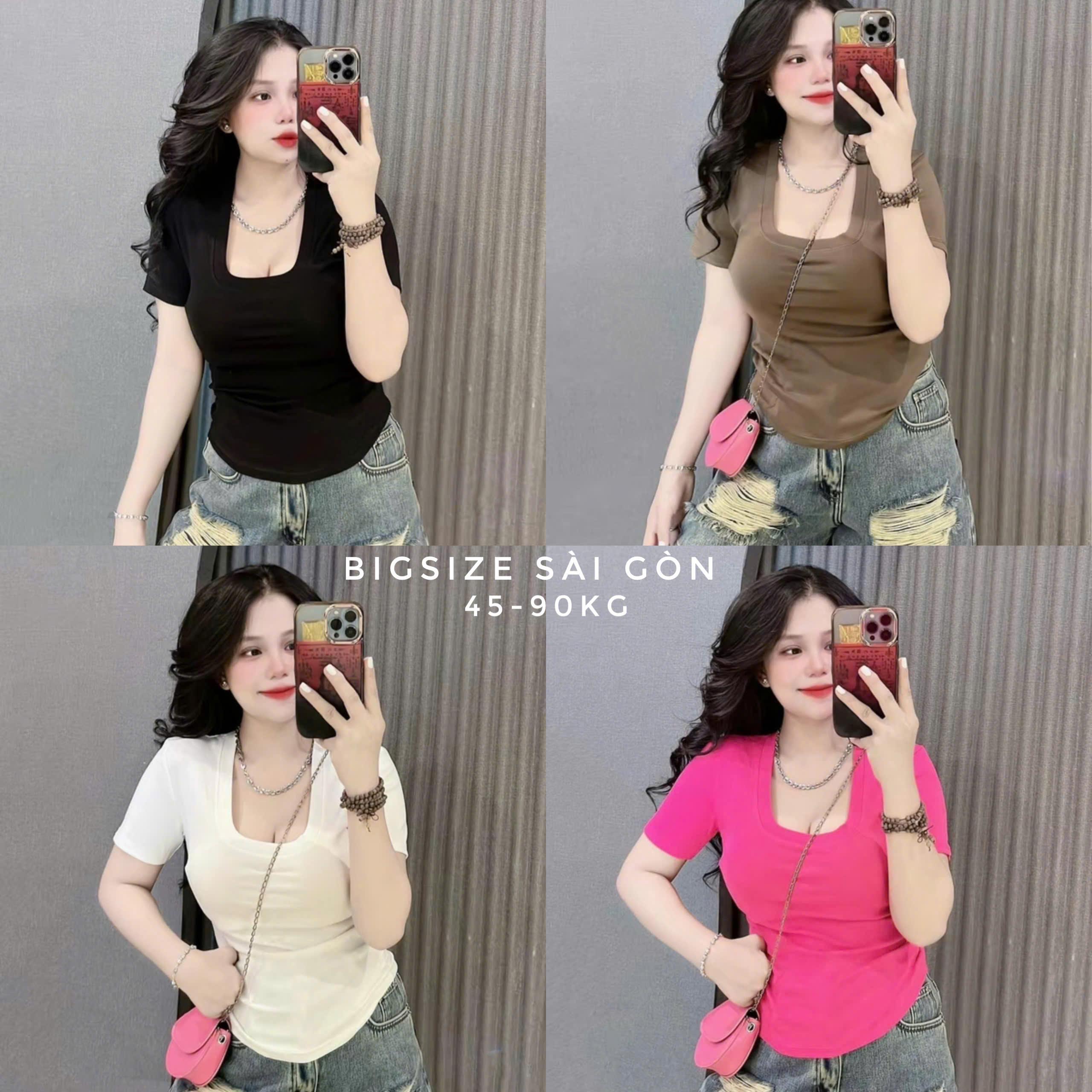 [Xả Kho] Áo Thun Nũ Cổ Bo Vuông Vải Thun Tăm 45 - 90Kg Có Bigsize Sài Gòn Top Women - B.1484