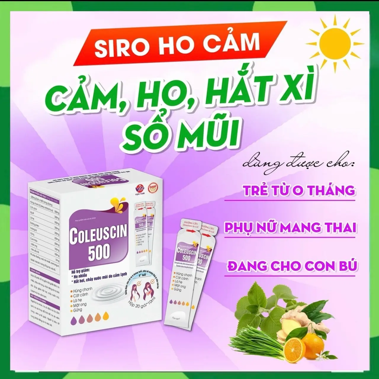 Siro Ho_Cảm_Sổ Mũi COLEUCIN 500. Hộp 20 gói