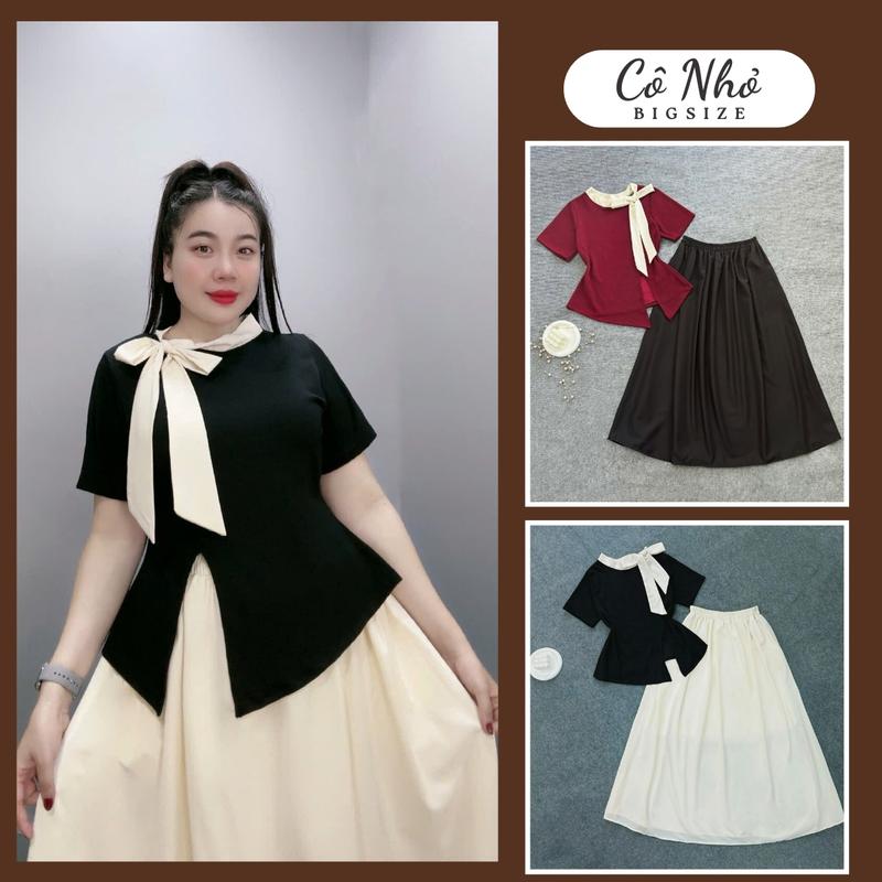  Set tiểu thư bigsize nữ áo tay ngắn cổ thắt nơ cách điệu phối cùng chân váy maxi lụa mềm mịn - SET848 