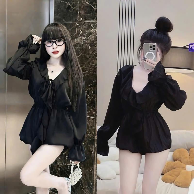 Jum quần nữ phi lụa thiết kế tay dài phối cổ bèo dáng bí phồng xinh xắn dành cho các nàng diện đi chơi
