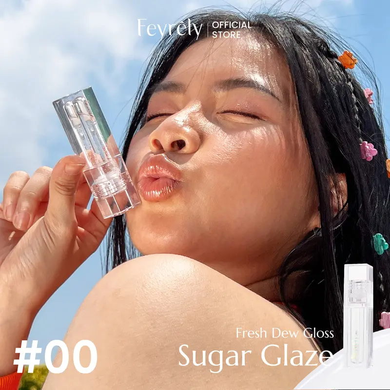 FEYRELY Fresh Dew Tint 4,5ml - 00 Sugar Glaze  Lip Gloss Glossy Plumpy Moist Tahan Lama dan Cocok untuk Bibir Gelap Lipstick Liquid Liptint Lipstik 2