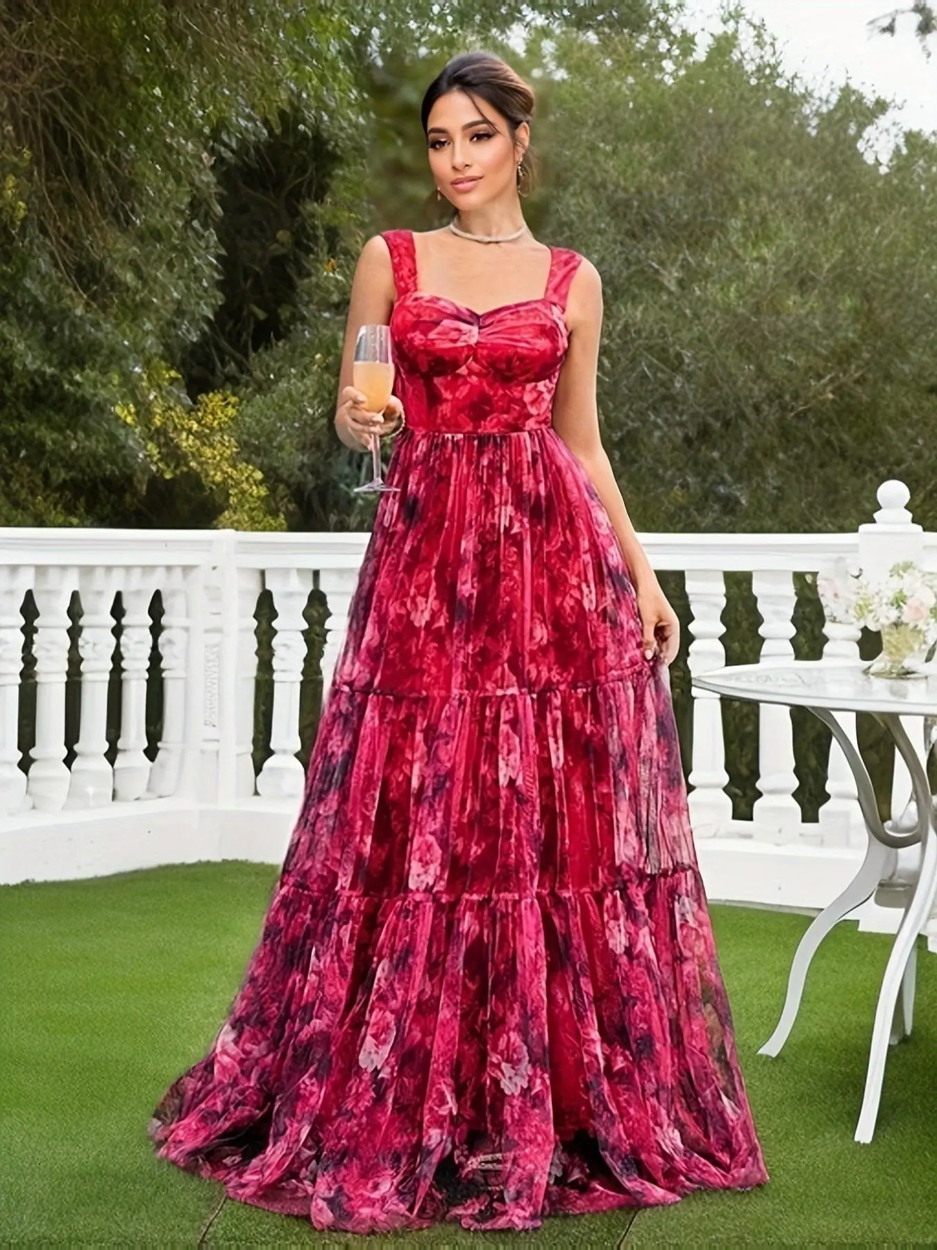 Women's Floral Print Ruched Ruffle Hem Mesh Party Dress, Elegant Sleeveless A Line Dress for Party Wedding Guest, Ladies's Clothes for All Seasons, Red Dress