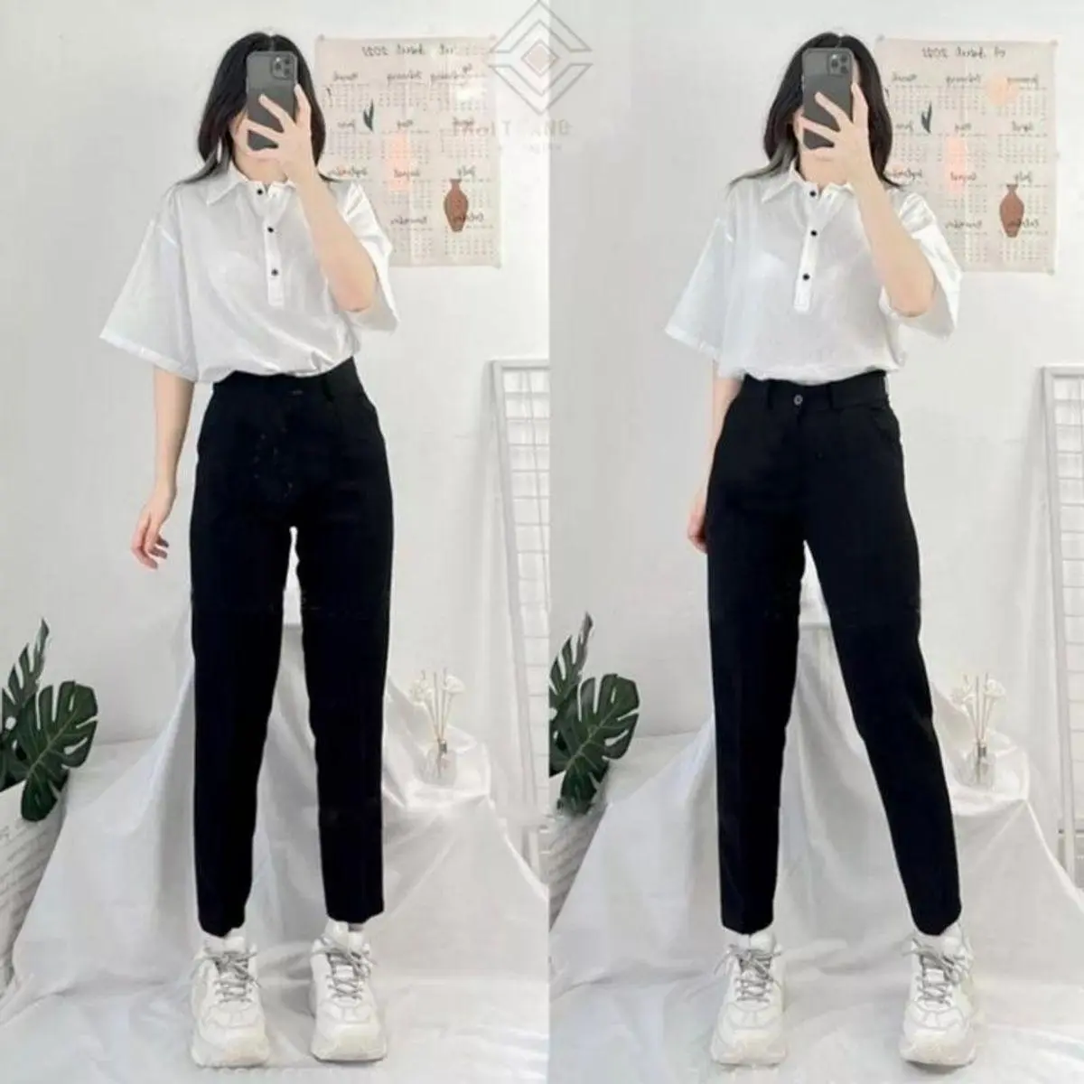 Quần tây nữ lưng cao đi học làm công sở ống đứng suông dài màu Đen Xanh xám dáng quần vải baggy cạp cao nữ công sở học sinh Pants Ong Women