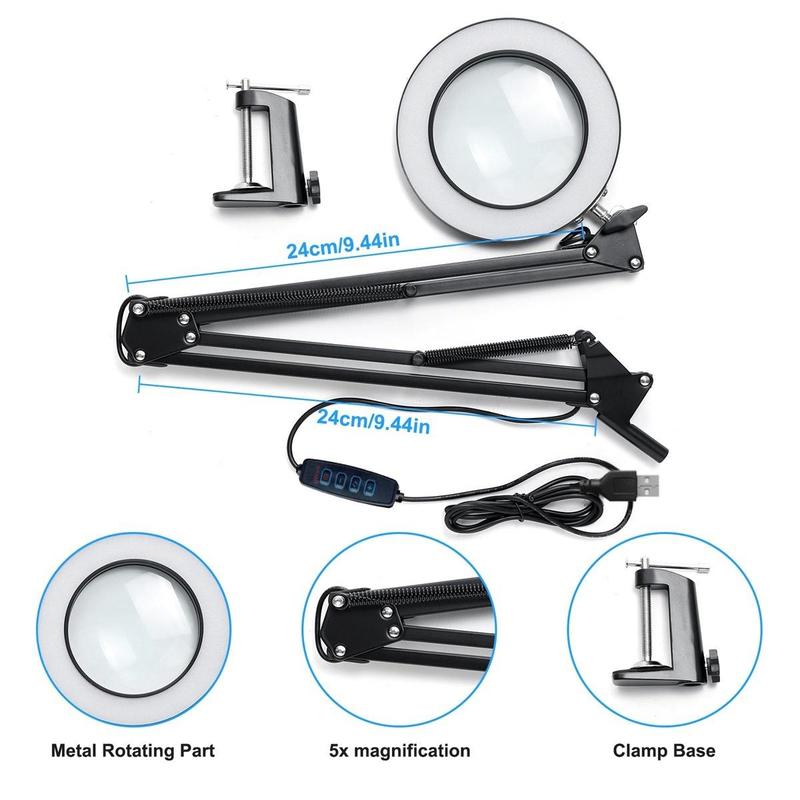 Product Introduction of USB Powered Magnifying Glass with Light & Stand, 1 Count Adjustable Swivel Arm LED Desk Lamp with Clamp Base, Magnifiers Light for Home Dormitory School Office, Stocking Fillers Gift 14