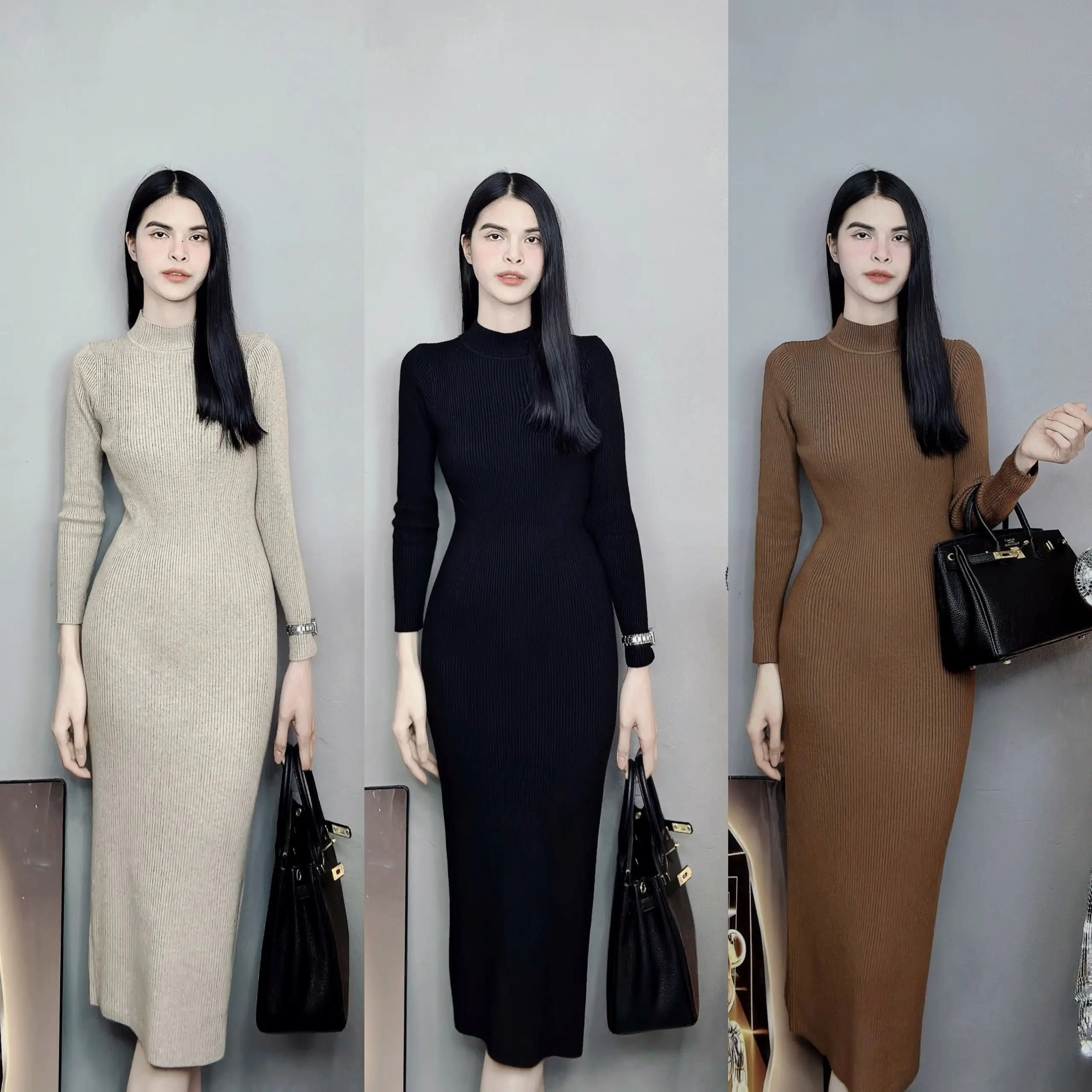 Váy body len dài QC cao cấp, váy body cổ 3p Nữ Dress