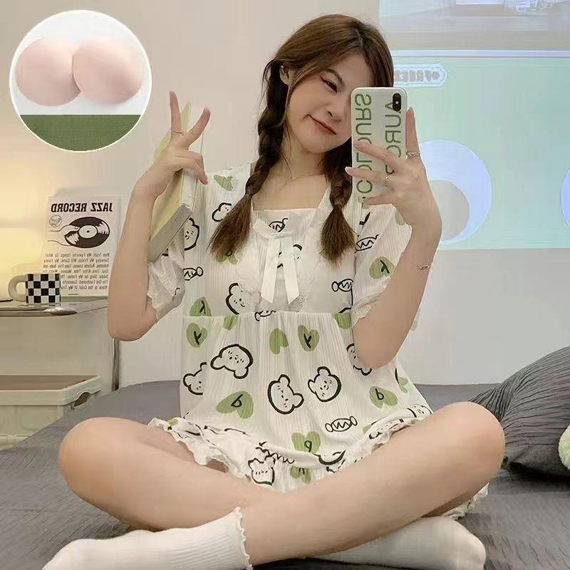 Bộ Đồ Ngủ Pijama Cotton Sữa, Phong Cách Mới, Có Đệm Ngực, Dành Cho Nữ, Dây Đeo Hoạt Hình Dễ Thương, Bộ Đồ Mặc Ở Nhà Mùa Hè 1
