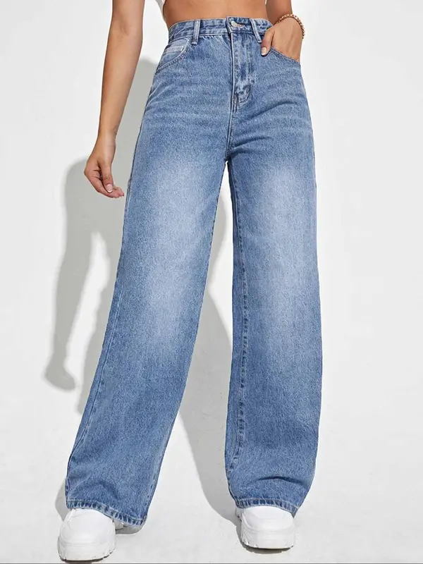 Women's Plain Straight Leg Jeans, Casual Comfy Denim Jeans for Daily Wear, Ladies Baggy Bottoms for All Seasons, Womenswear, Loose Pants, Relaxed Fit Jeans, Streetwear 5