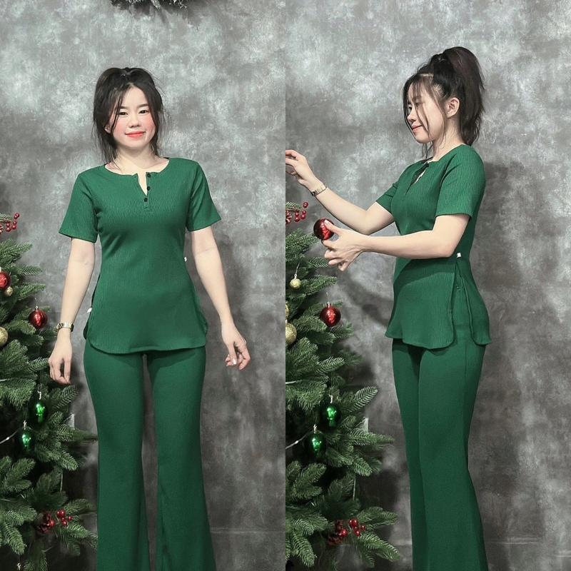 Sét Bộ Thời Trang Thun Gân Tăm Cổ Trụ Tròn Cài 3 Nút Xẻ Tà Vạt Bầu Dễ Thương Quần Ống Loe Nhẹ Che Khuyết Điểm Chân Polka Dot Women Nhung Áo Voi Top Ong