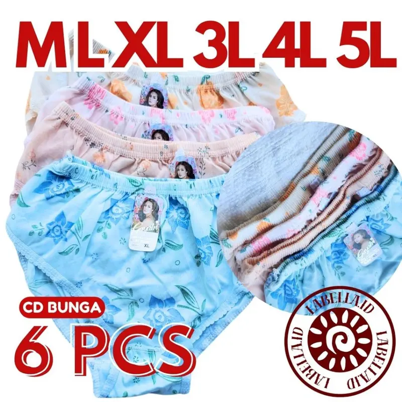 TERMURAH 6 Pcs celana dalam wanita kain katun motif bunga M,L,XL,3L,4L murah LABELLAID 2