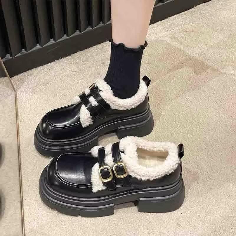 Giày lolita nữ phối lông da cao cấp đế cao 5cm Mã 1016 hàng QC Shoes