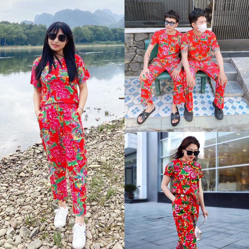  Đồ bộ quần áo hoa con công đỏ quần DÀI - Chất liệu thun lạnh có size từ 40-100kg nam nữ unisex mặc được họa tiết hoa lá cành kiểu khăn trải bàn phong cách dân tộc thanh long Đồ Bộ Cho Gia Đình 