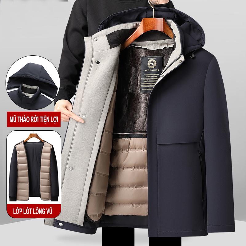 Áo khoác nam trung niên ZENTOMAN công sở hàng hiệu cao cấp, lót lông vũ tháo rời, có mũ tháo rời, chống nước, quà tặng bố ý nghĩa