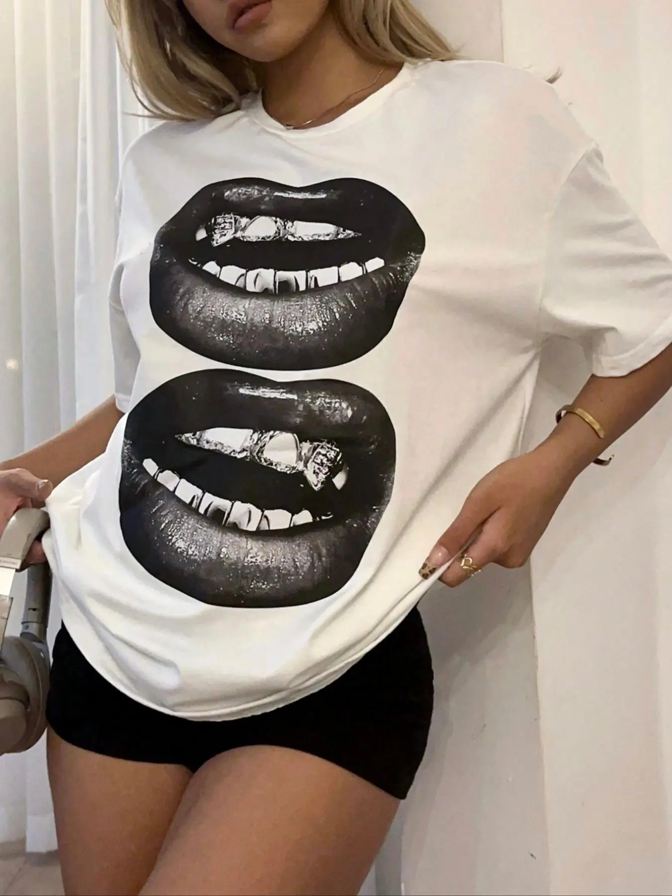 Women's Mouth Print Drop Shoulder Tee, Casual Short Sleeve Round Neck T-shirt for Summer, Fashion Women's Top for Daily Wear, Clothing