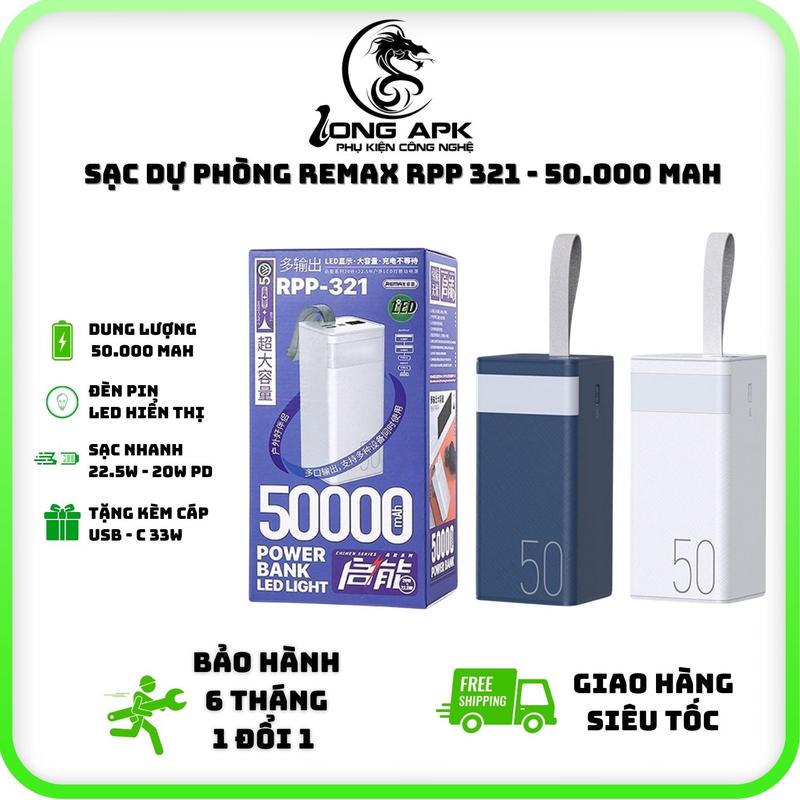 Pin dự phòng 50000 mah RP321 sạc nhanh 22.5w - 20w PD phụ kiện LONG APK sạc điện thoại Đèn led