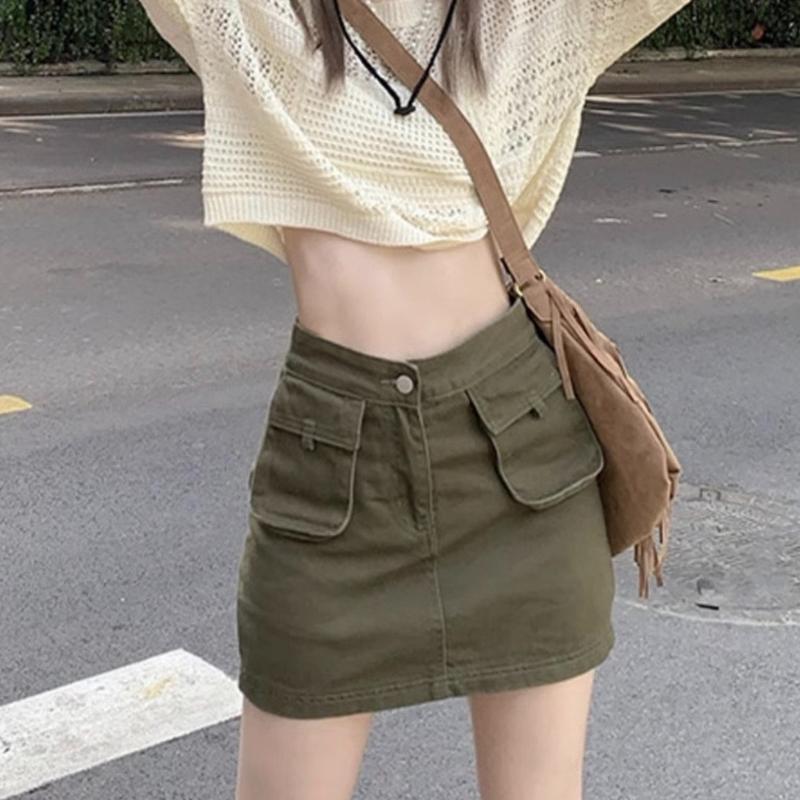 Chân váy jean kaki body túi hộp Miho house