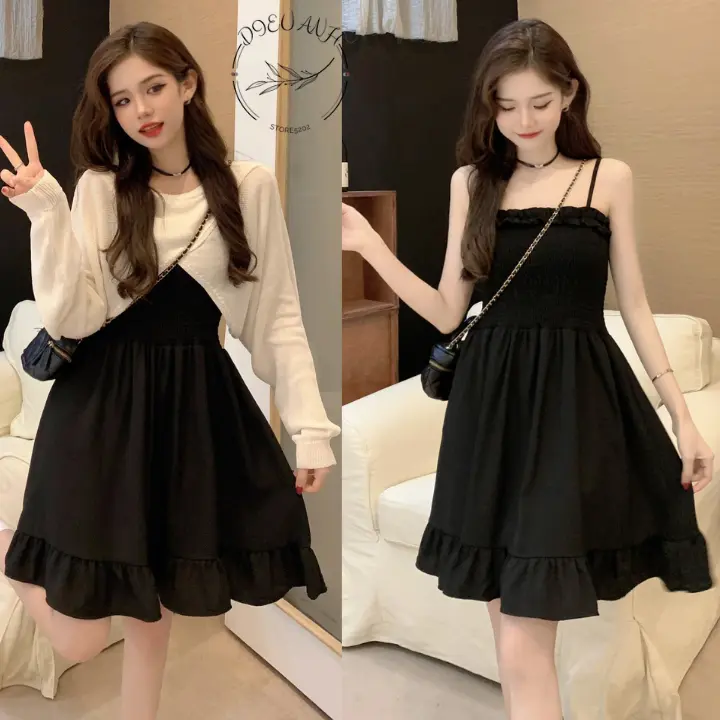 Set đồ nữ - Váy 2 dây kết hợp với áo crotop dệt kim phong cách Pháp cho các nàng diện đi chơi , đi biển dieuanh_5202
