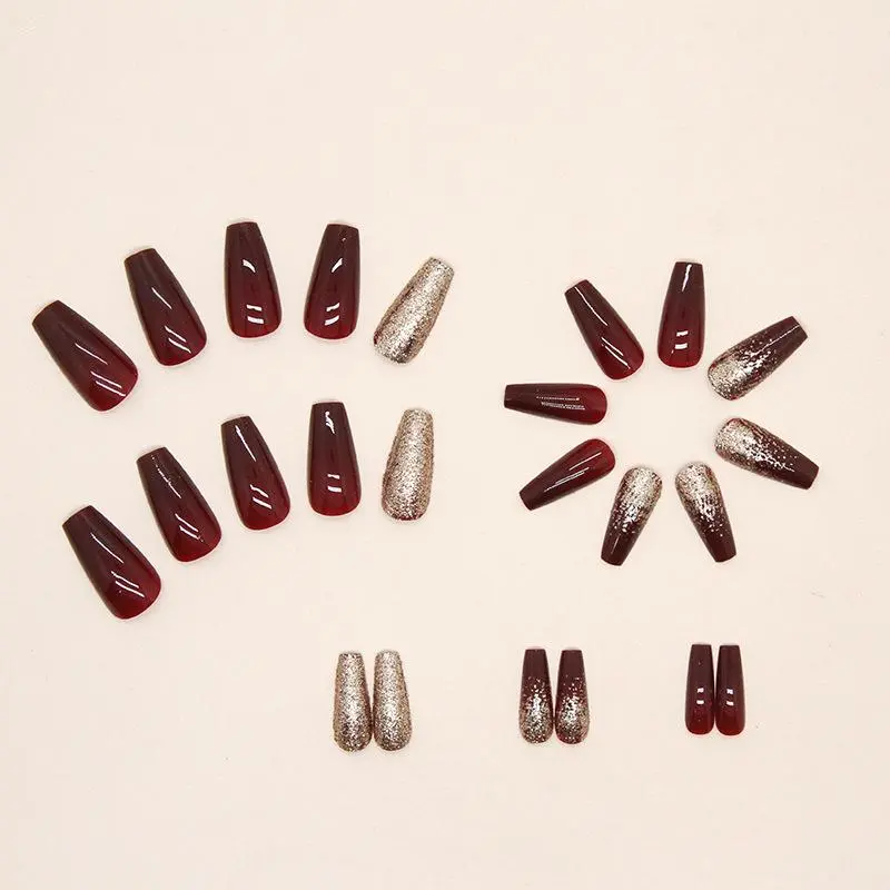 Medium Glitter False Nail, 24pcs Glossy Fake Nail & 1 Count Tape & 1 Count Nail File, Press on Fake Nail for Women & Girls DIY Nail Art 3