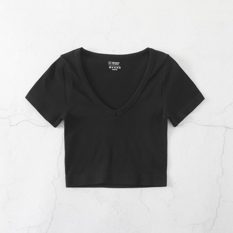Product Introduction of European and American Yoga Wear Sexy Stretch Yoga Seamless Sports Top Short Sleeve V-Neck Slim Fit Solid Color Ribbed T-Shirt 19