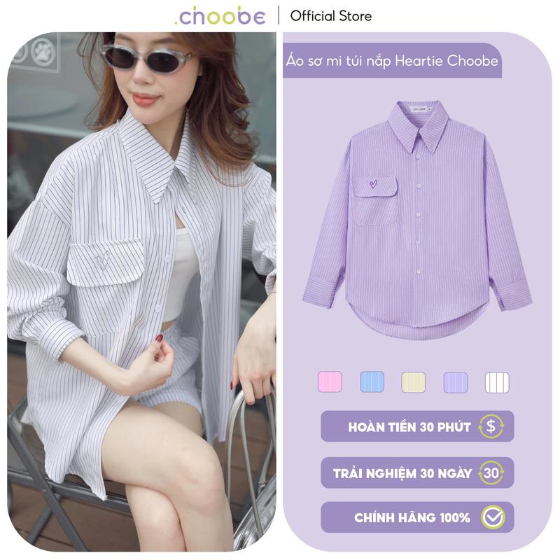  Áo sơ mi nữ Choobe oversize dài tay dáng rộng hoạ tiết kẻ sọc phối túi nắp  ASM07 