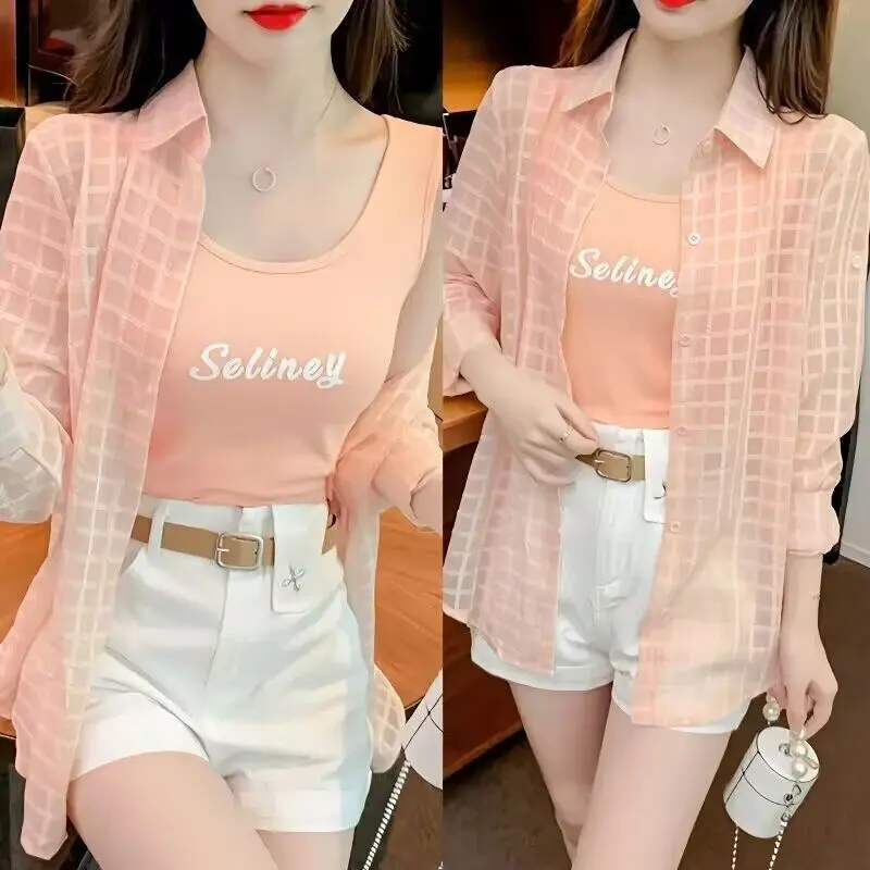 & Plus Size Summer Outfit for Women 2025 New Sun Protection Shirt Slimming Casual Shorts Slimming Three-Piece Set